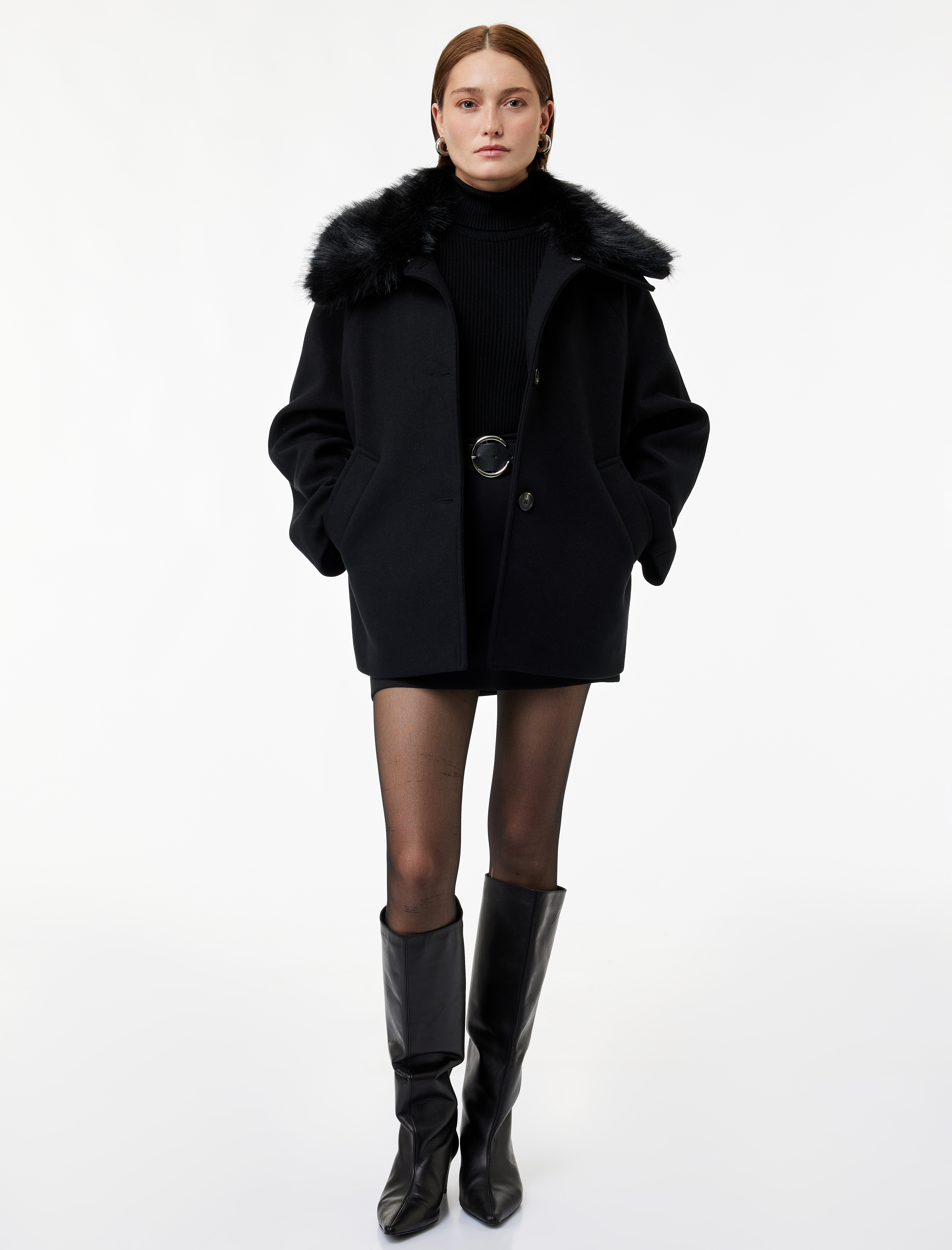   Çıkarılabilir Suni Kürk Yaka Kaşe Kaban Uzun Kollu Düğmeli