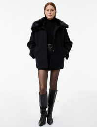 Çıkarılabilir Suni Kürk Yaka Kaşe Kaban Uzun Kollu Düğmeli