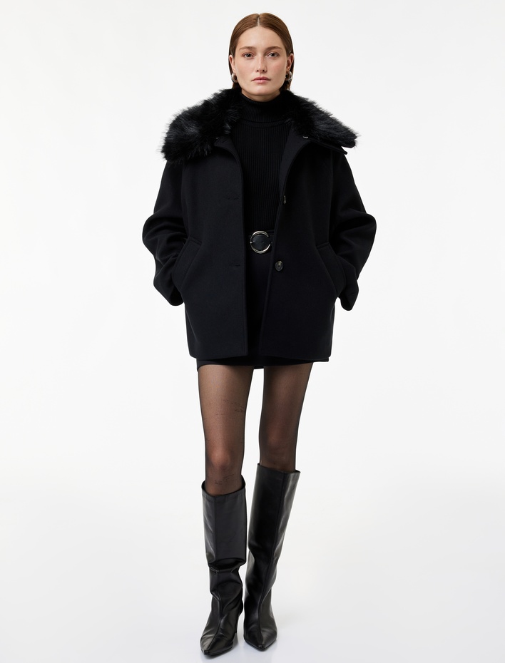  Çıkarılabilir Suni Kürk Yaka Kaşe Kaban Uzun Kollu Düğmeli