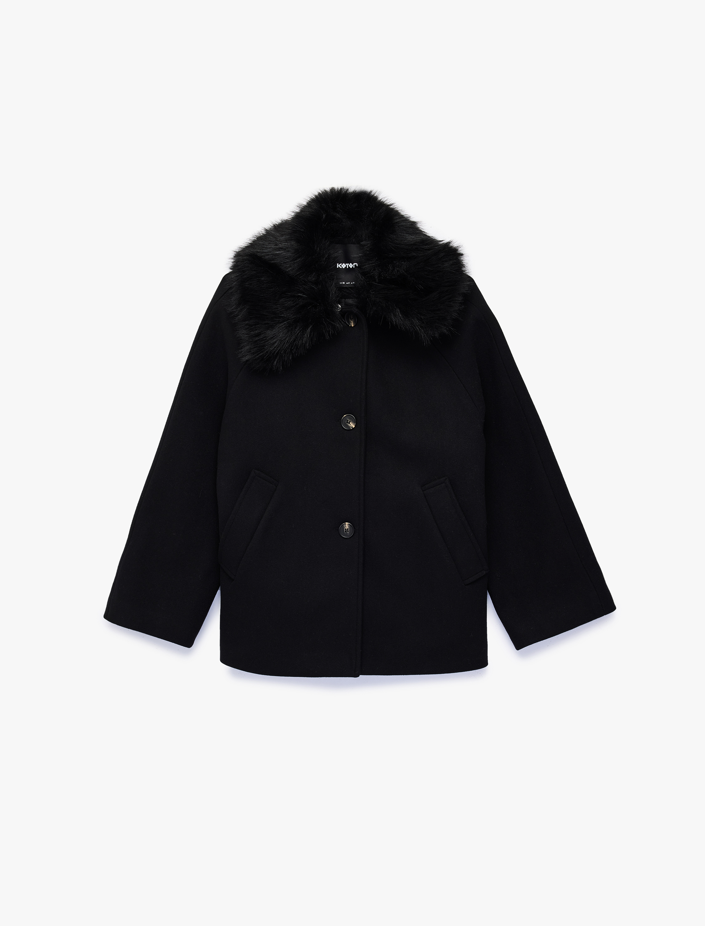   Çıkarılabilir Suni Kürk Yaka Kaşe Kaban Uzun Kollu Düğmeli