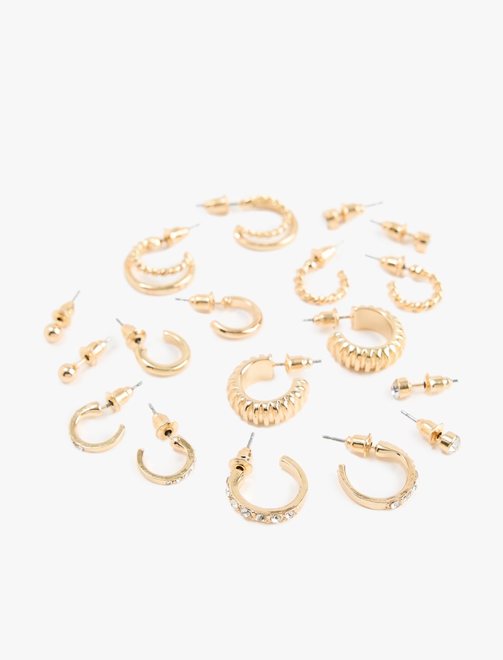 Kadın Taş Detaylı 9'lu Top ve Halka Küpe Seti