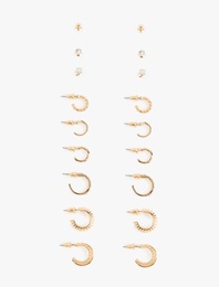 Taş Detaylı 9'lu Top ve Halka Küpe Seti