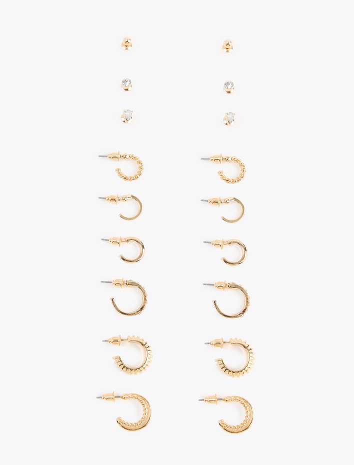 Kadın Taş Detaylı 9'lu Top ve Halka Küpe Seti