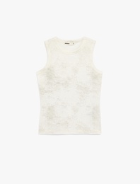 Simli Soyut Baskılı Bisiklet Yaka Slim Fit Kolsuz Bluz