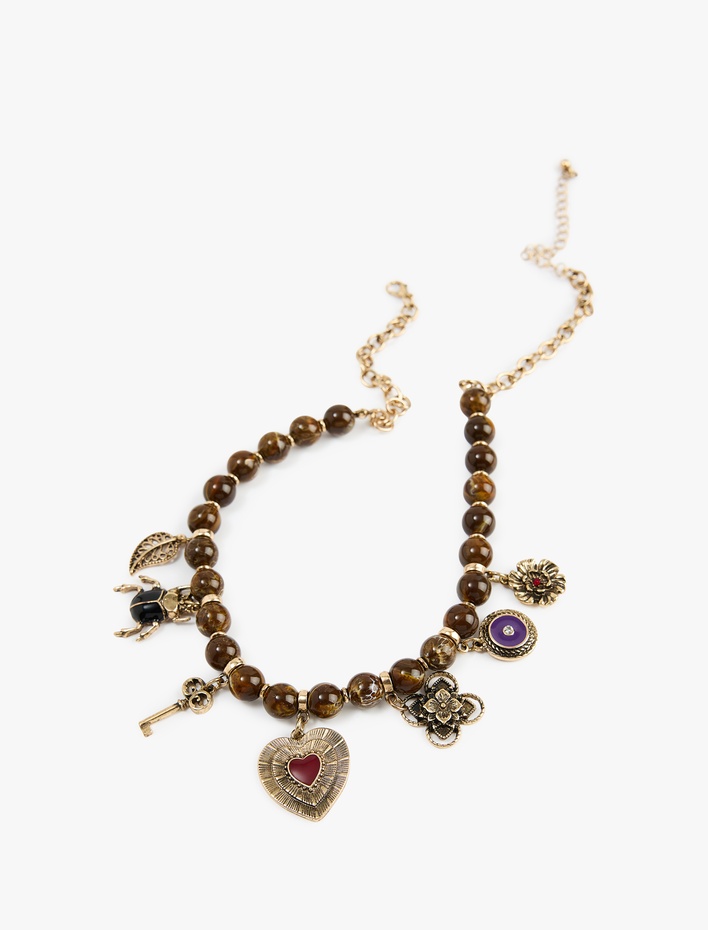 Kadın Boncuklu Kalp Çiçek Charmlı Kolye - Koton X Melis Ağazat