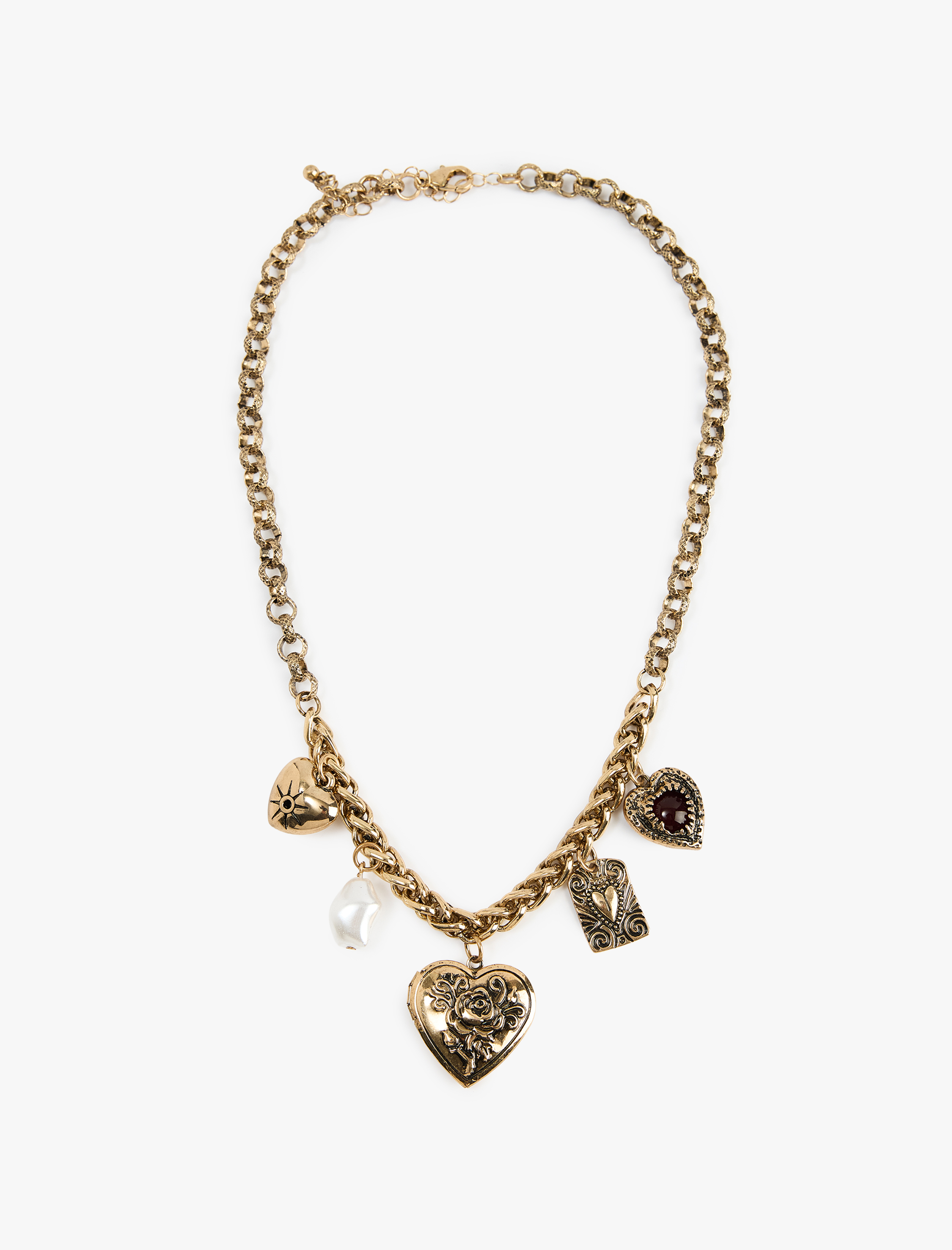  Kadın İnci ve Kalp Charmlı Çelik Karışımlı Zincir Kolye - Koton X Melis Ağazat