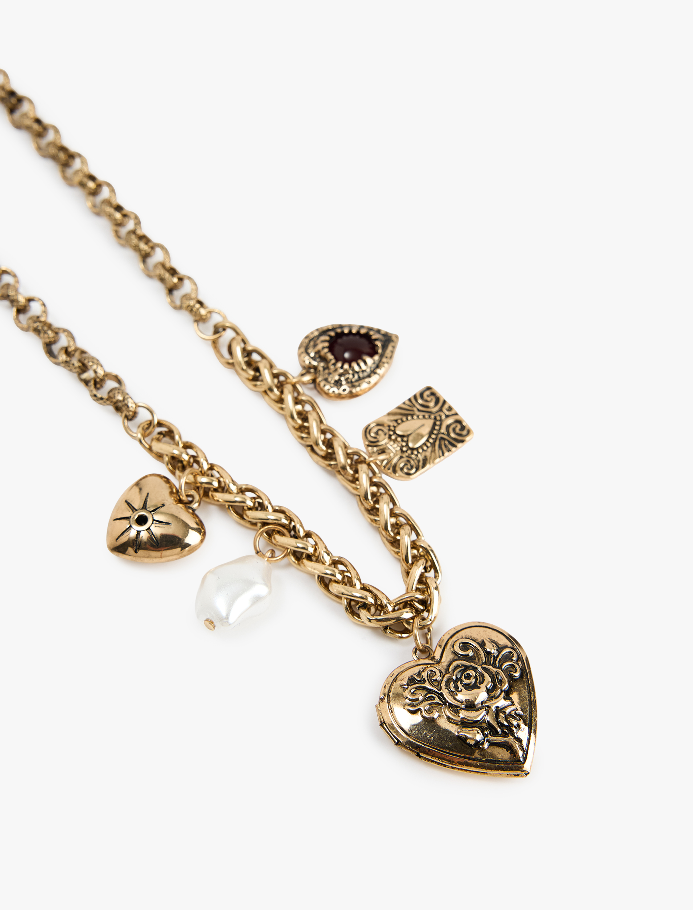  Kadın İnci ve Kalp Charmlı Çelik Karışımlı Zincir Kolye - Koton X Melis Ağazat