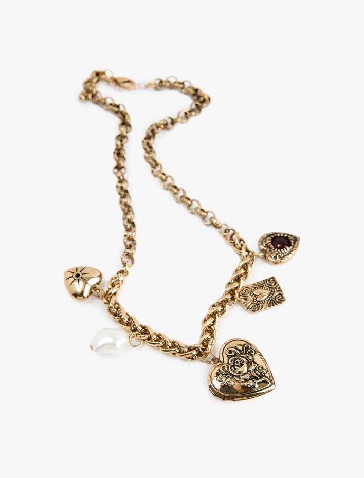 Kadın İnci ve Kalp Charmlı Çelik Karışımlı Zincir Kolye - Koton X Melis Ağazat