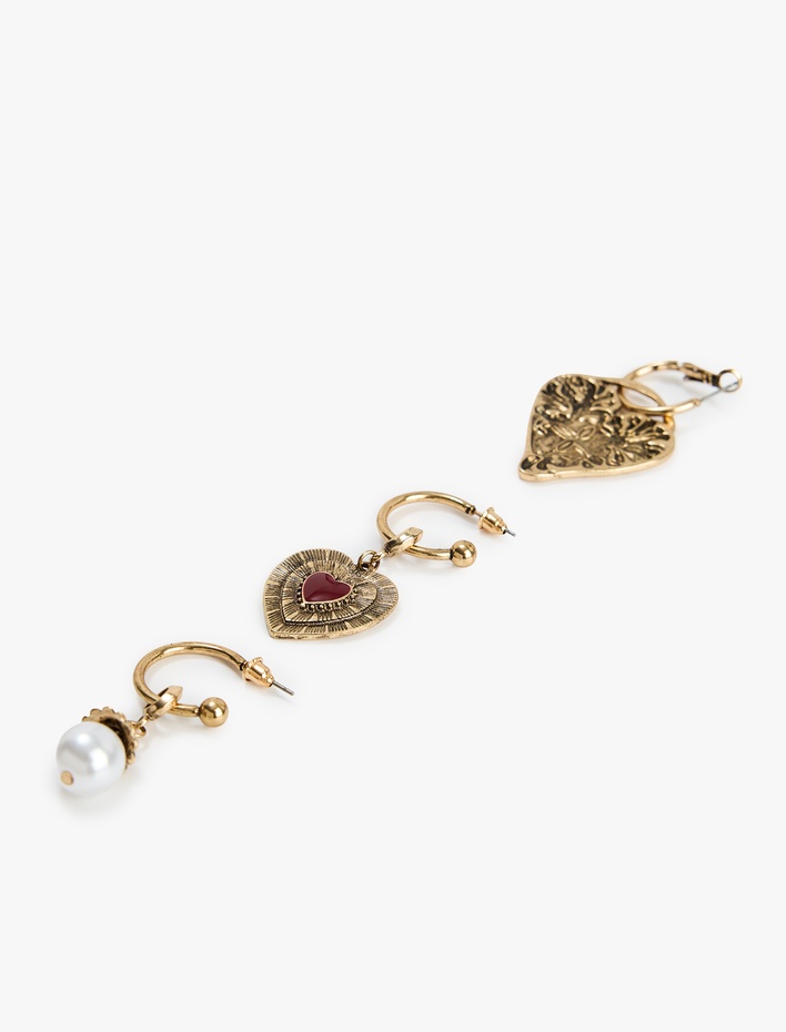 Kadın İnci ve Taş Detaylı Charmlı Çelik Karışımlı 3'lü Halka Küpe Seti - Koton X Melis Ağazat