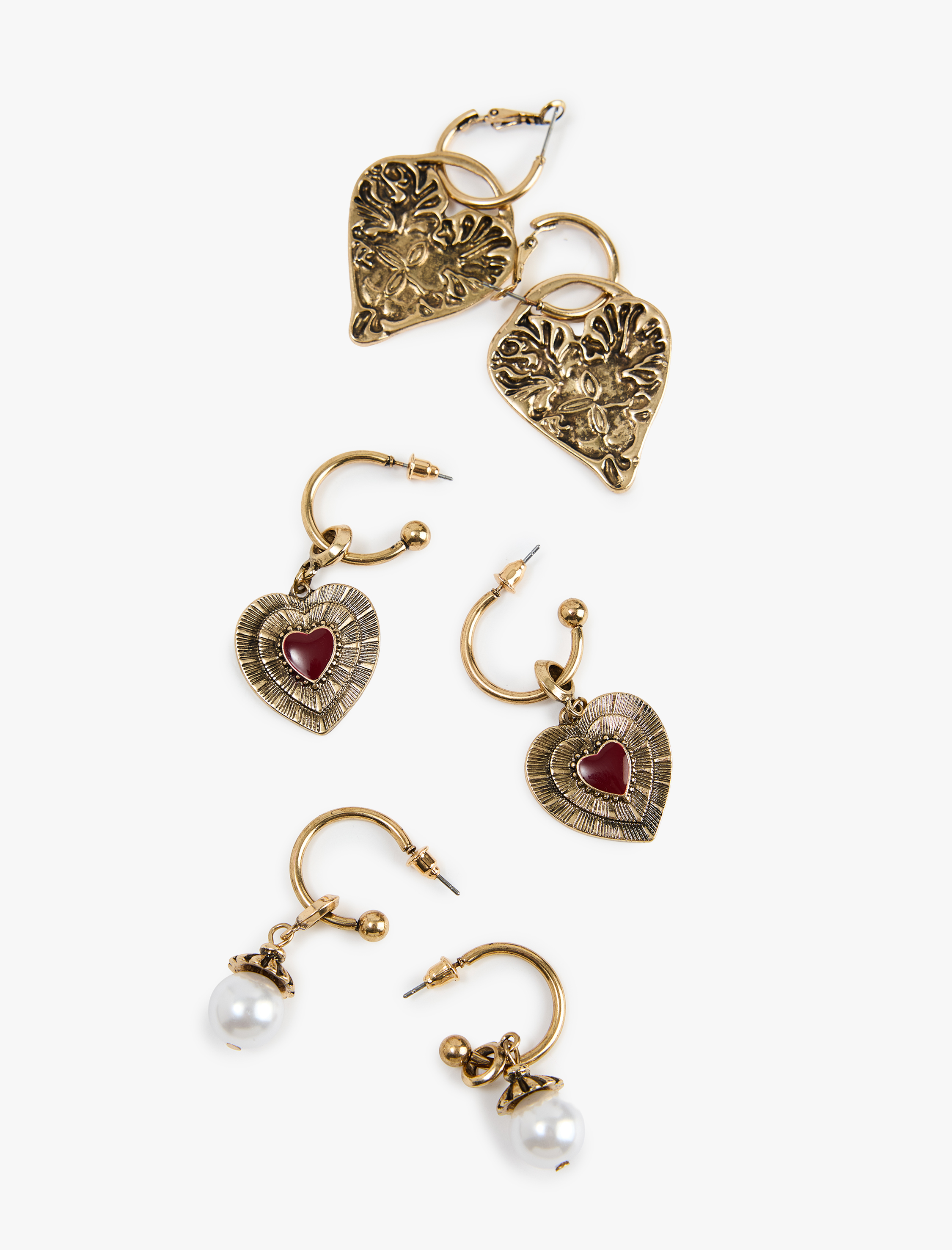  Kadın İnci ve Taş Detaylı Charmlı Çelik Karışımlı 3'lü Halka Küpe Seti - Koton X Melis Ağazat