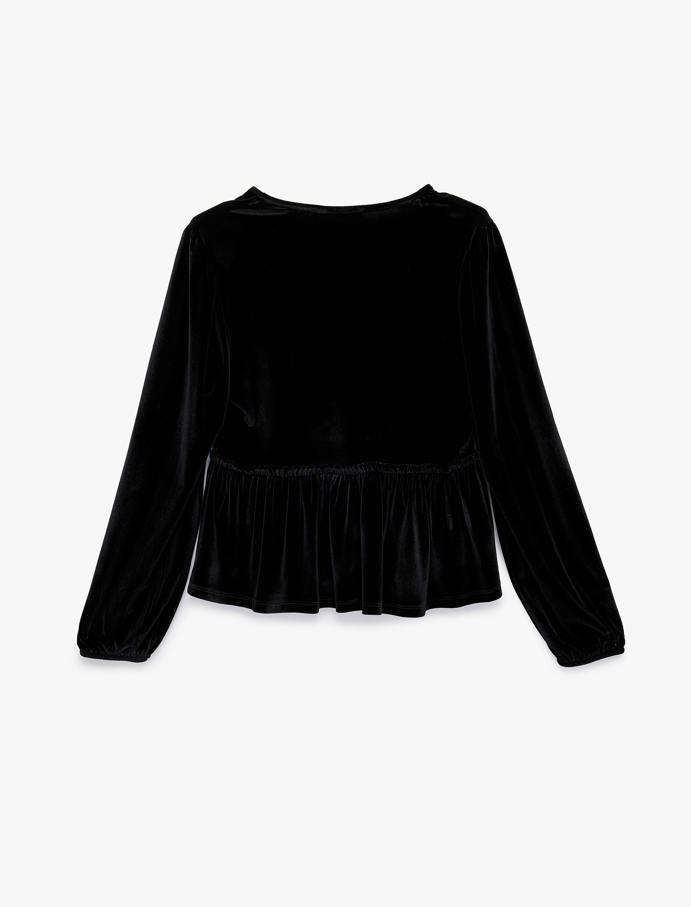   Slim Fit Balon Kol V Yaka Çiçek İşlemeli Bağcıklı Kadife Bluz