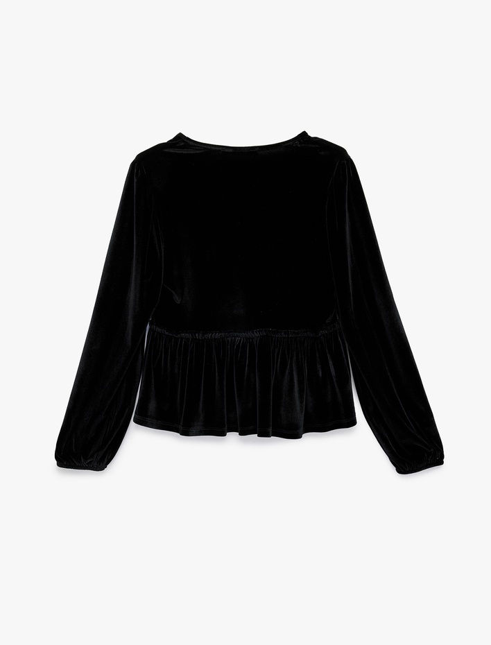  Slim Fit Balon Kol V Yaka Çiçek İşlemeli Bağcıklı Kadife Bluz