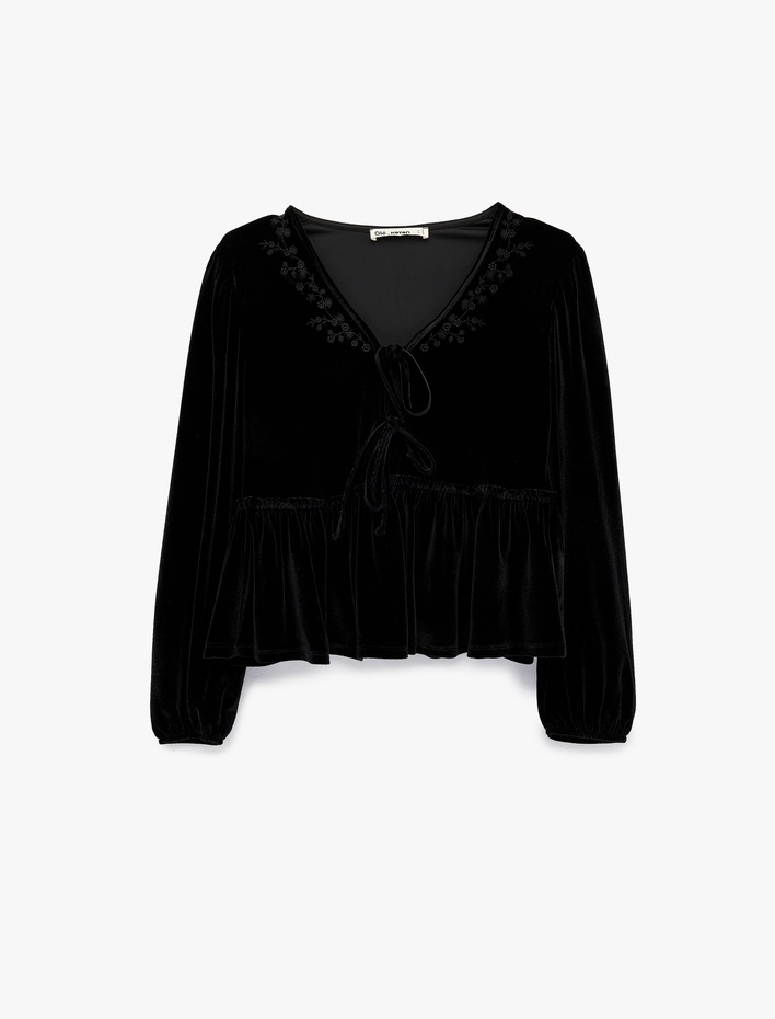  Slim Fit Balon Kol V Yaka Çiçek İşlemeli Bağcıklı Kadife Bluz