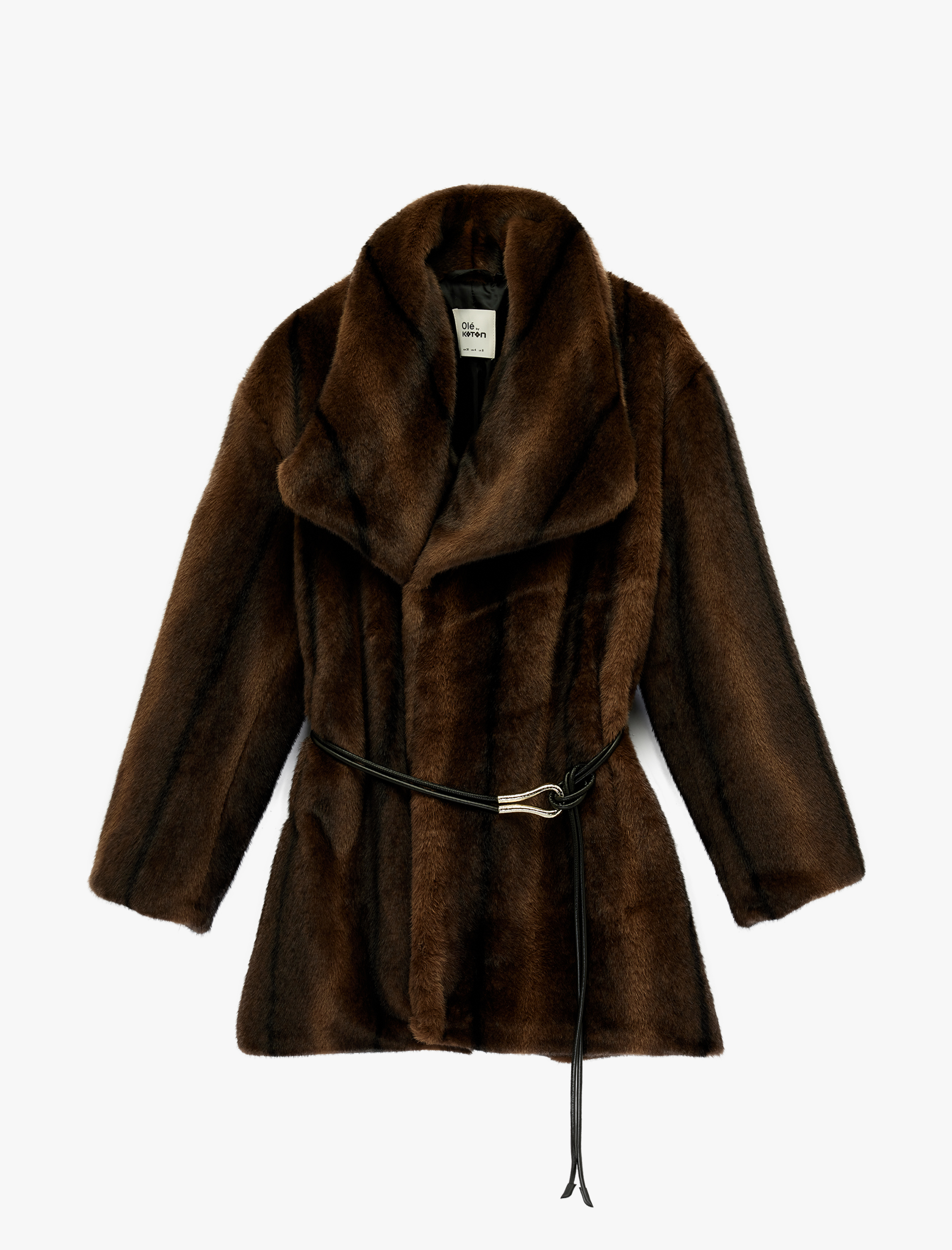   Kemer Detaylı Kruvaze Yaka Uzun Kollu Suni Kürk Kaban