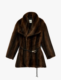 Kemer Detaylı Kruvaze Yaka Uzun Kollu Suni Kürk Kaban