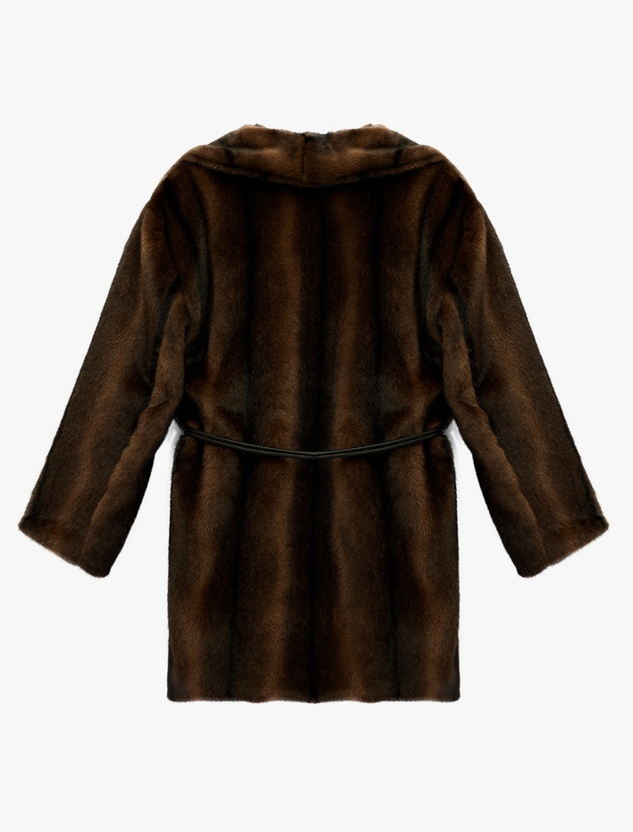  Kemer Detaylı Kruvaze Yaka Uzun Kollu Suni Kürk Kaban