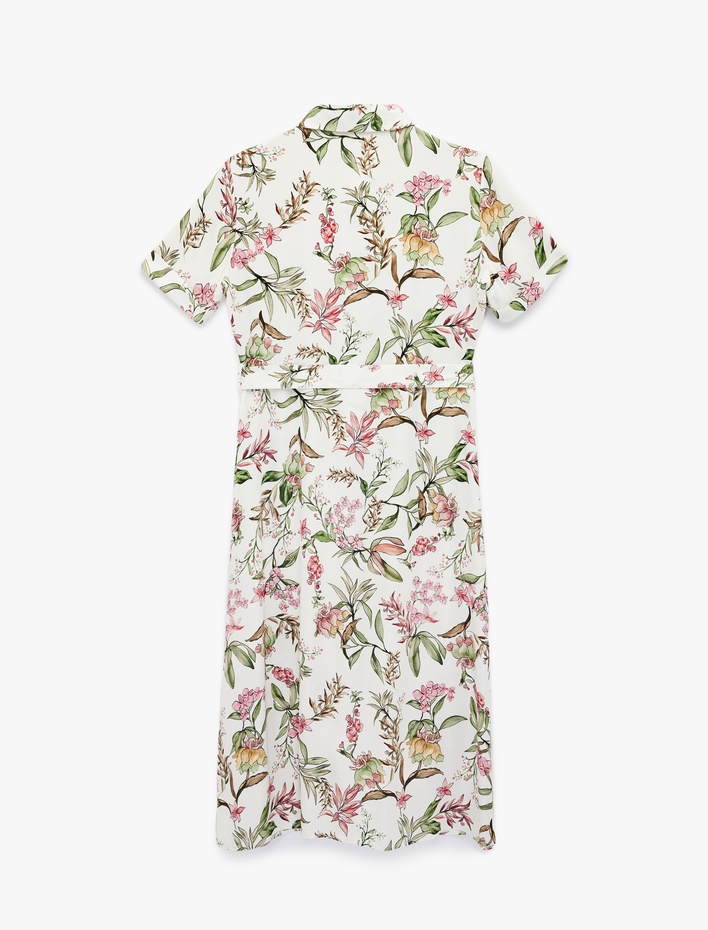  Kısa Kollu Gömlek Yaka Cepli Viskon Çiçekli Gömlek Elbise