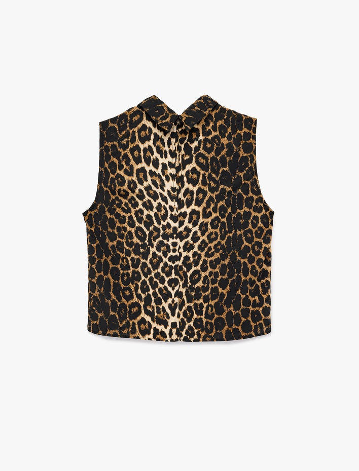  Dik Yaka Kolsuz Leopar Desenli Bluz