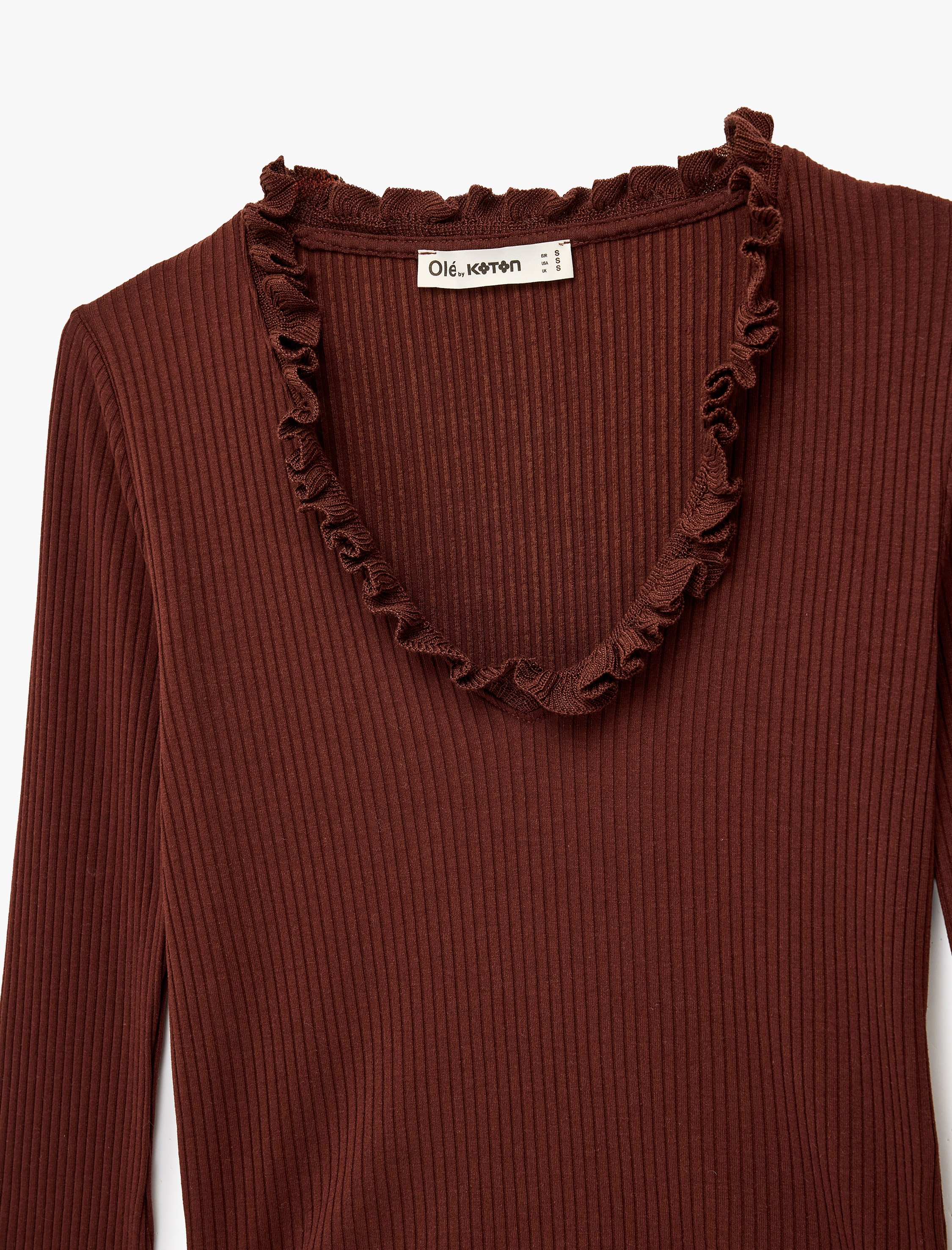   Slim Fit Fırfır Detaylı Uzun Kollu V Yaka Tişört