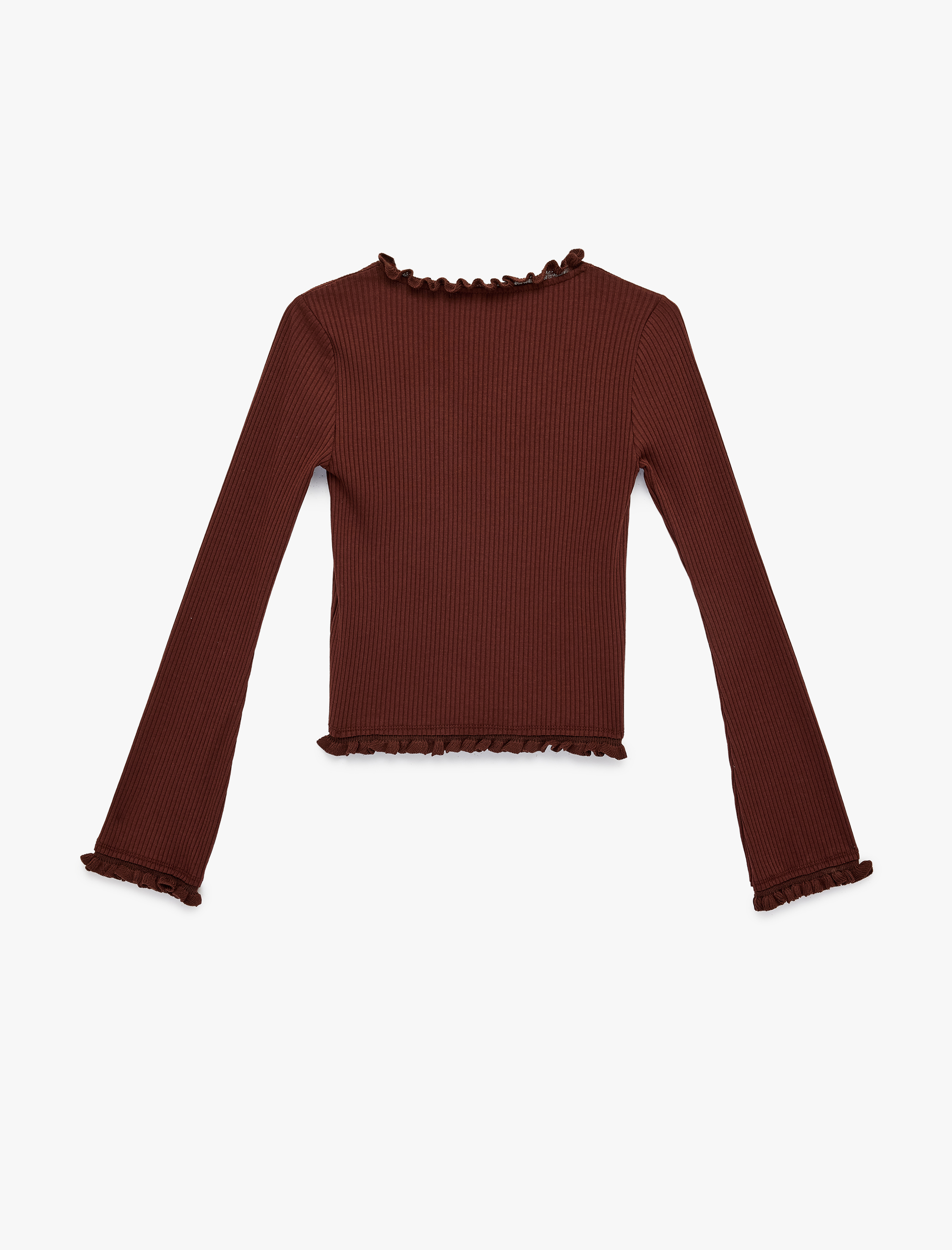   Slim Fit Fırfır Detaylı Uzun Kollu V Yaka Tişört