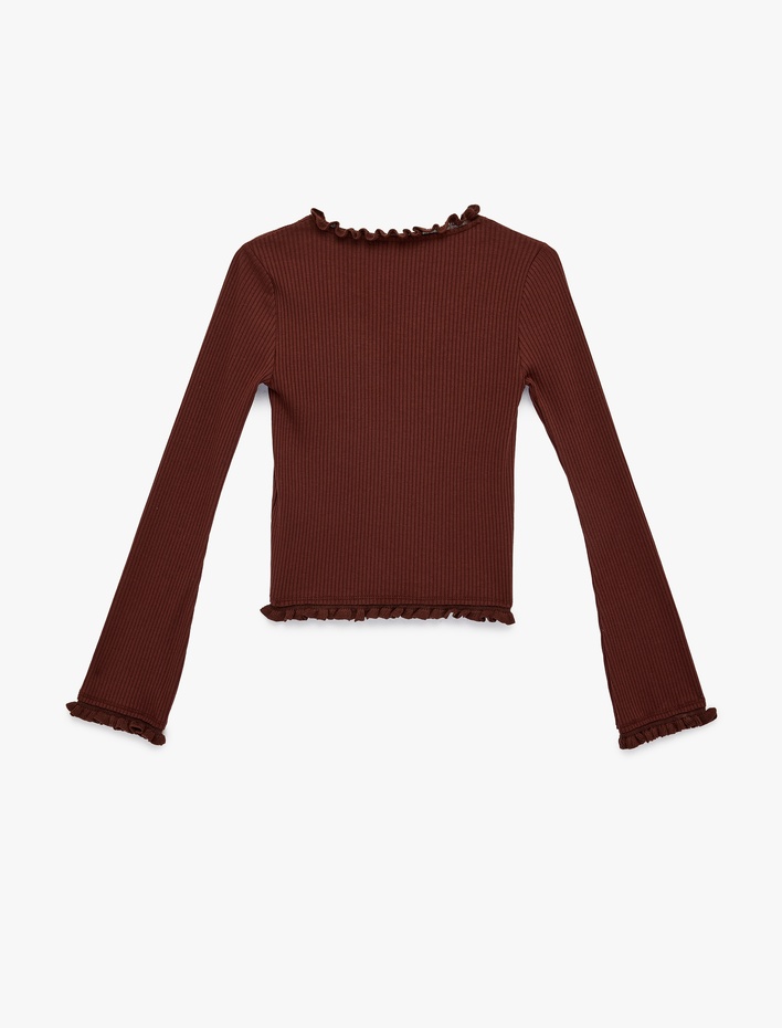  Slim Fit Fırfır Detaylı Uzun Kollu V Yaka Tişört