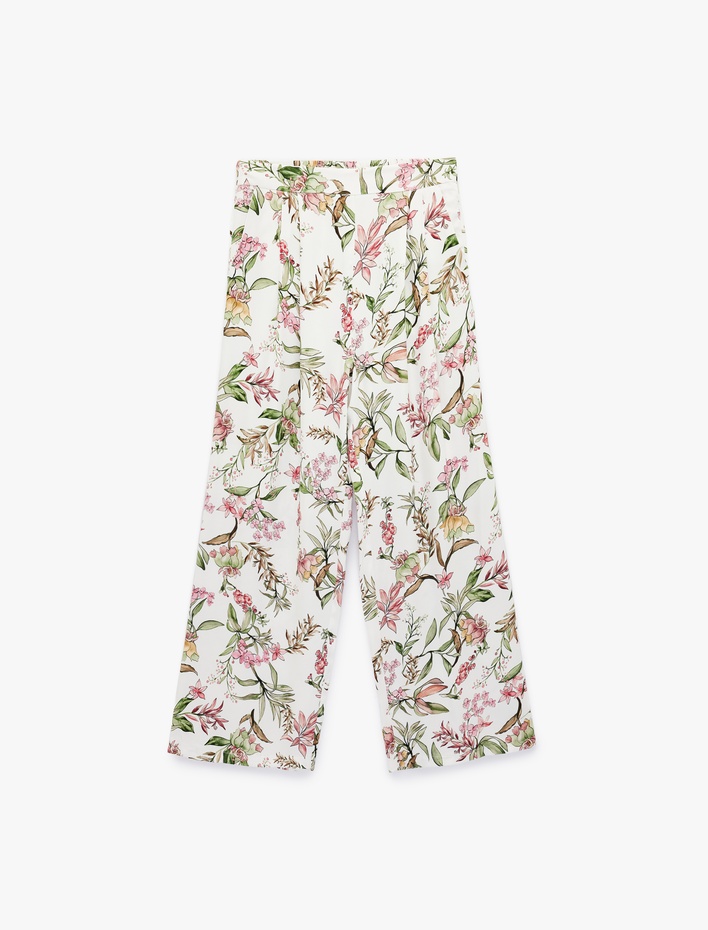  Normal Bel Cep Detaylı Çiçekli Viskon Pantolon