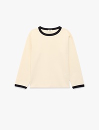 Pamuklu Biyeli Bisiklet Yaka Uzun Kollu Tişört