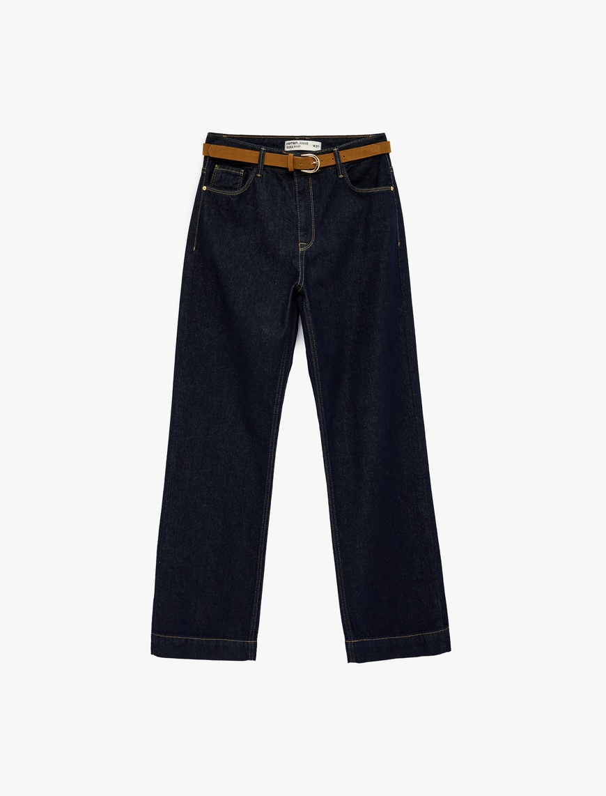Koton Kadın Normal Bel Pamuklu Kemerli Düz Paça Denim Pantolon – Straight Fit Jean
