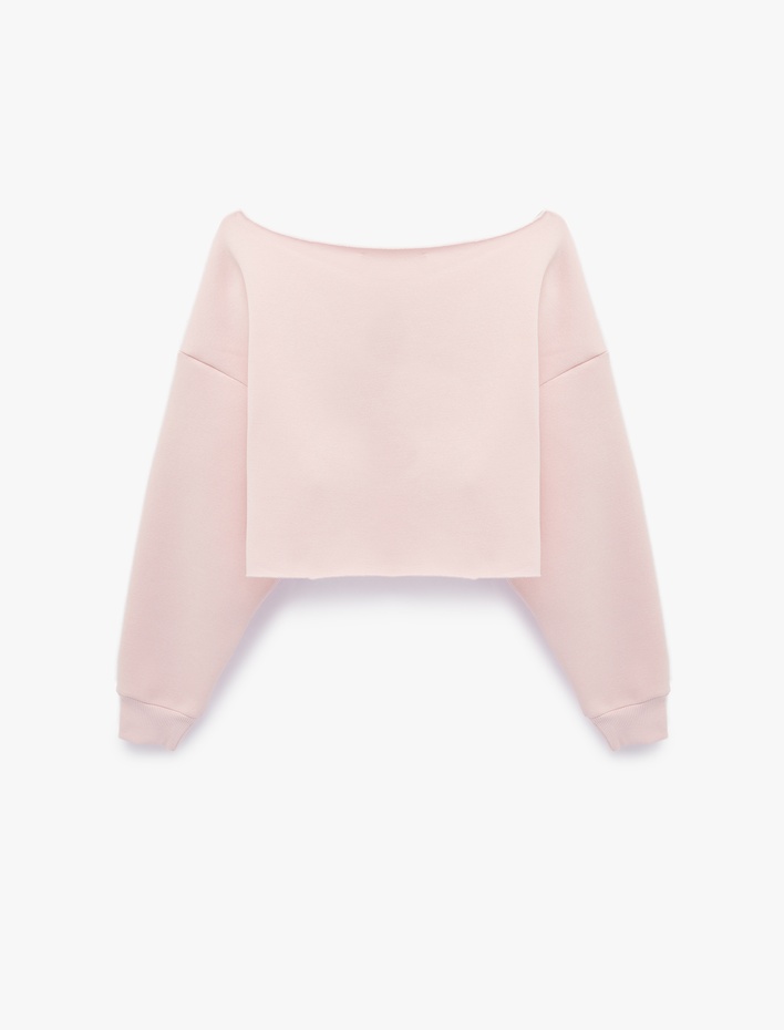  Kayık Yaka Uzun Kollu Baskılı Oversize Crop Sweatshirt