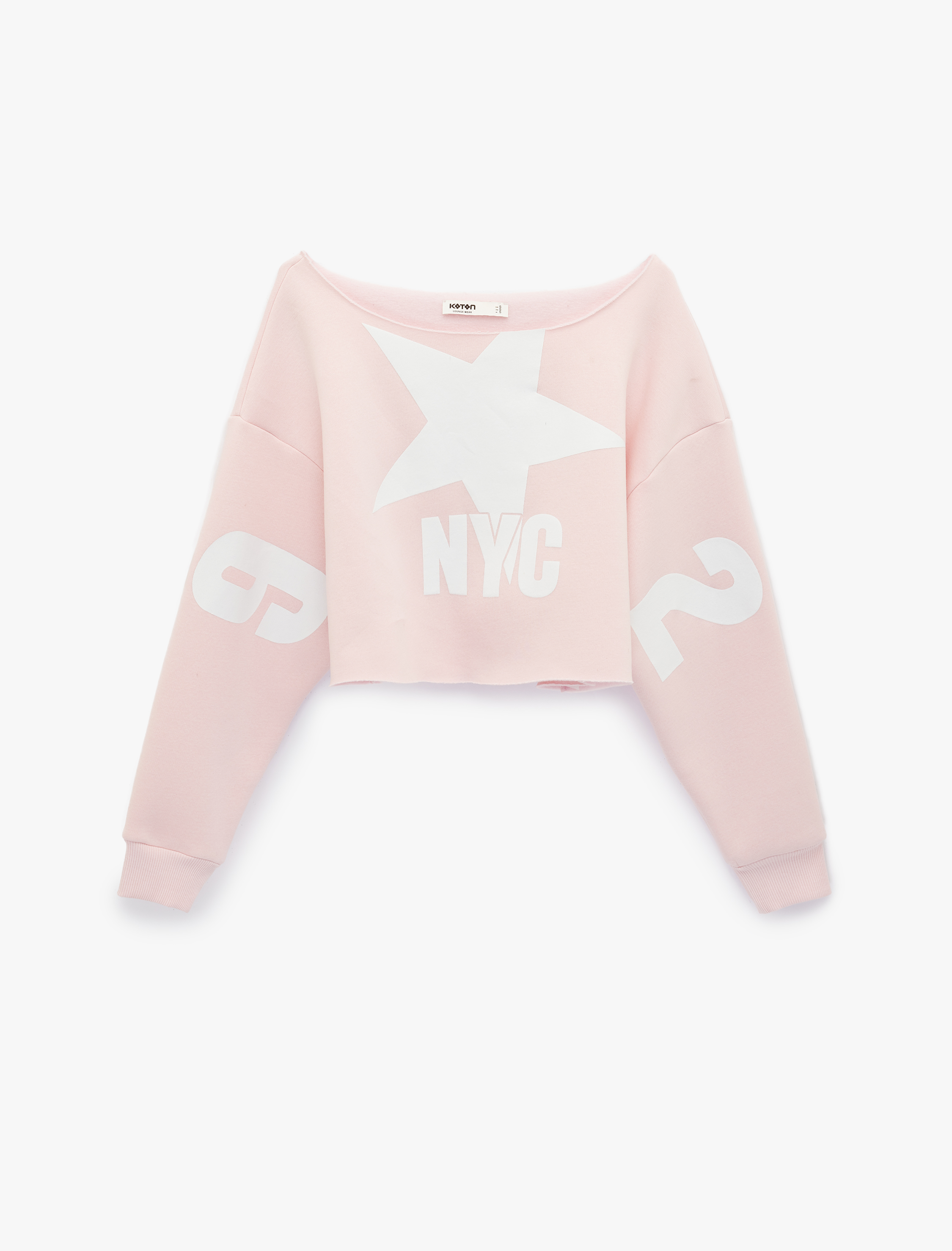   Kayık Yaka Uzun Kollu Baskılı Oversize Crop Sweatshirt