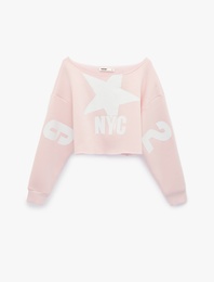 Kayık Yaka Uzun Kollu Baskılı Oversize Crop Sweatshirt