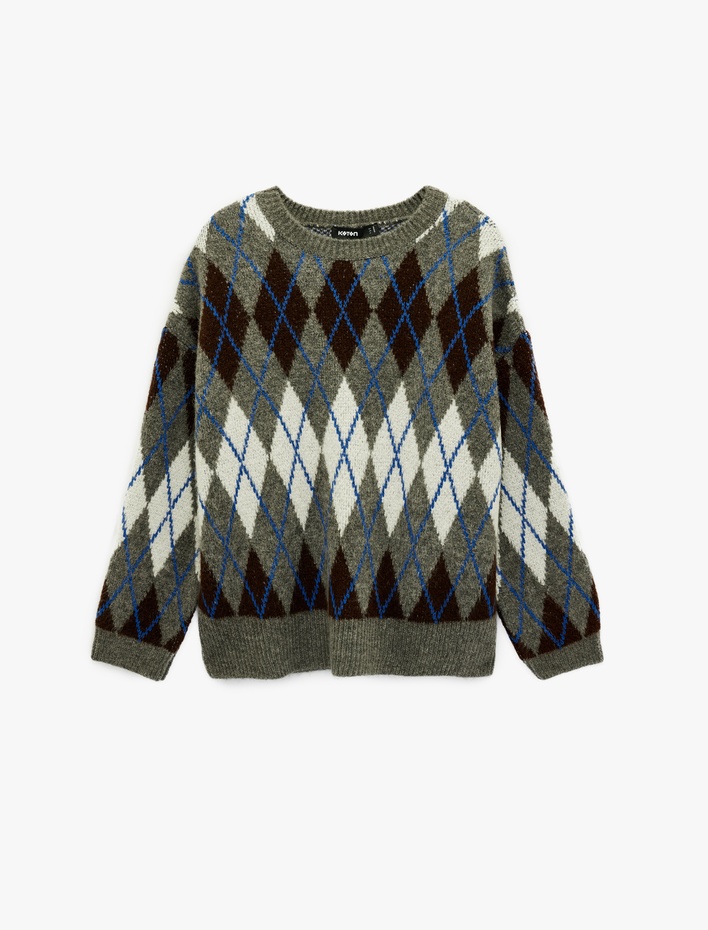  Uzun Kollu Bisiklet Yaka Baklava Desenli Triko Kazak