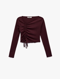 Asimetrik Yaka Büzgülü Slim Fit Uzun Kollu Tişört