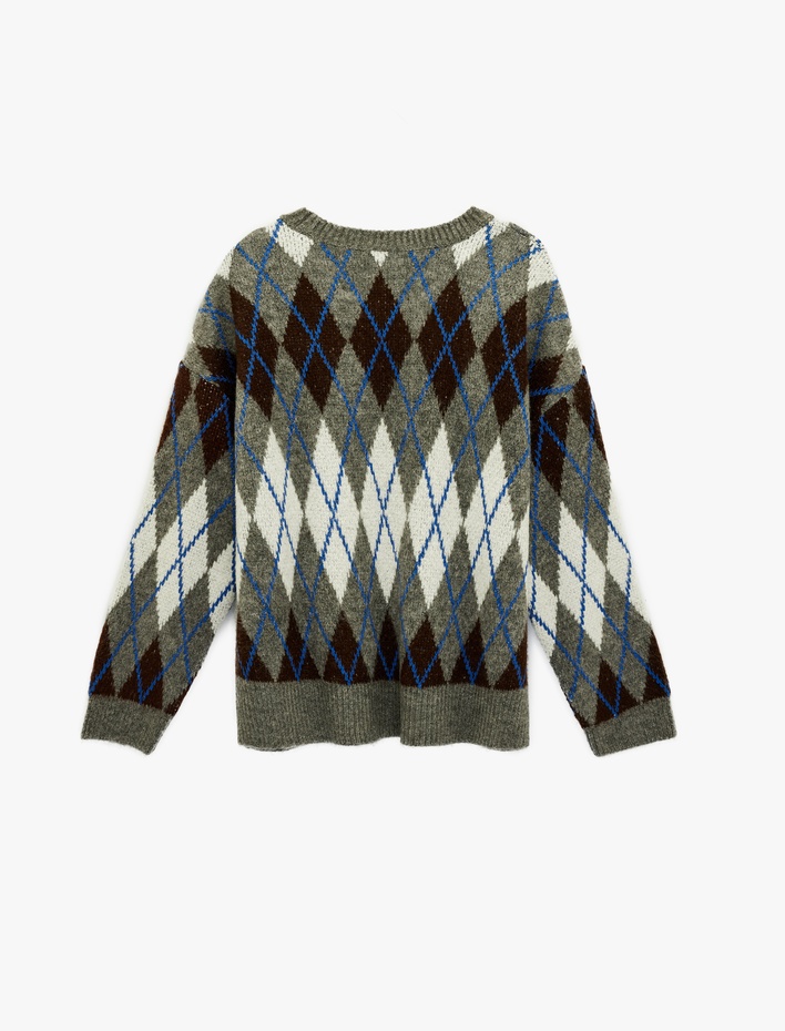  Uzun Kollu Bisiklet Yaka Baklava Desenli Triko Kazak