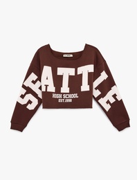 Uzun Kollu Kayık Yaka Baskılı Oversize Crop Sweatshirt