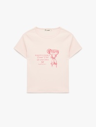 Slim Fit Kısa Kollu Bisiklet Yaka Pamuklu Fiyonklu Baskılı Tişört