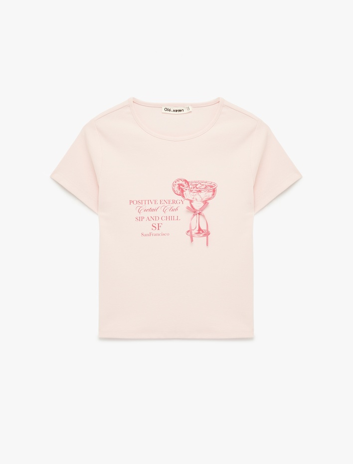  Slim Fit Kısa Kollu Bisiklet Yaka Pamuklu Fiyonklu Baskılı Tişört