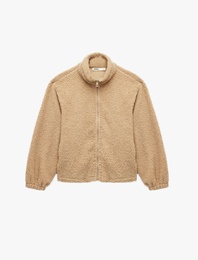 Fermuarlı Uzun Kollu Dik Yaka Peluş Ceket