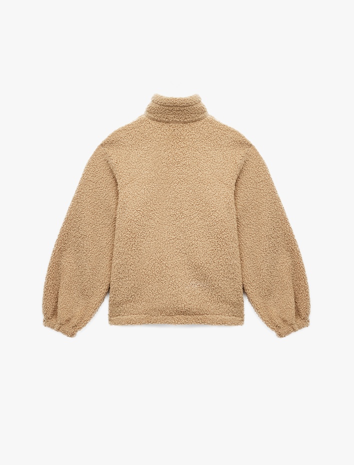  Fermuarlı Uzun Kollu Dik Yaka Peluş Ceket