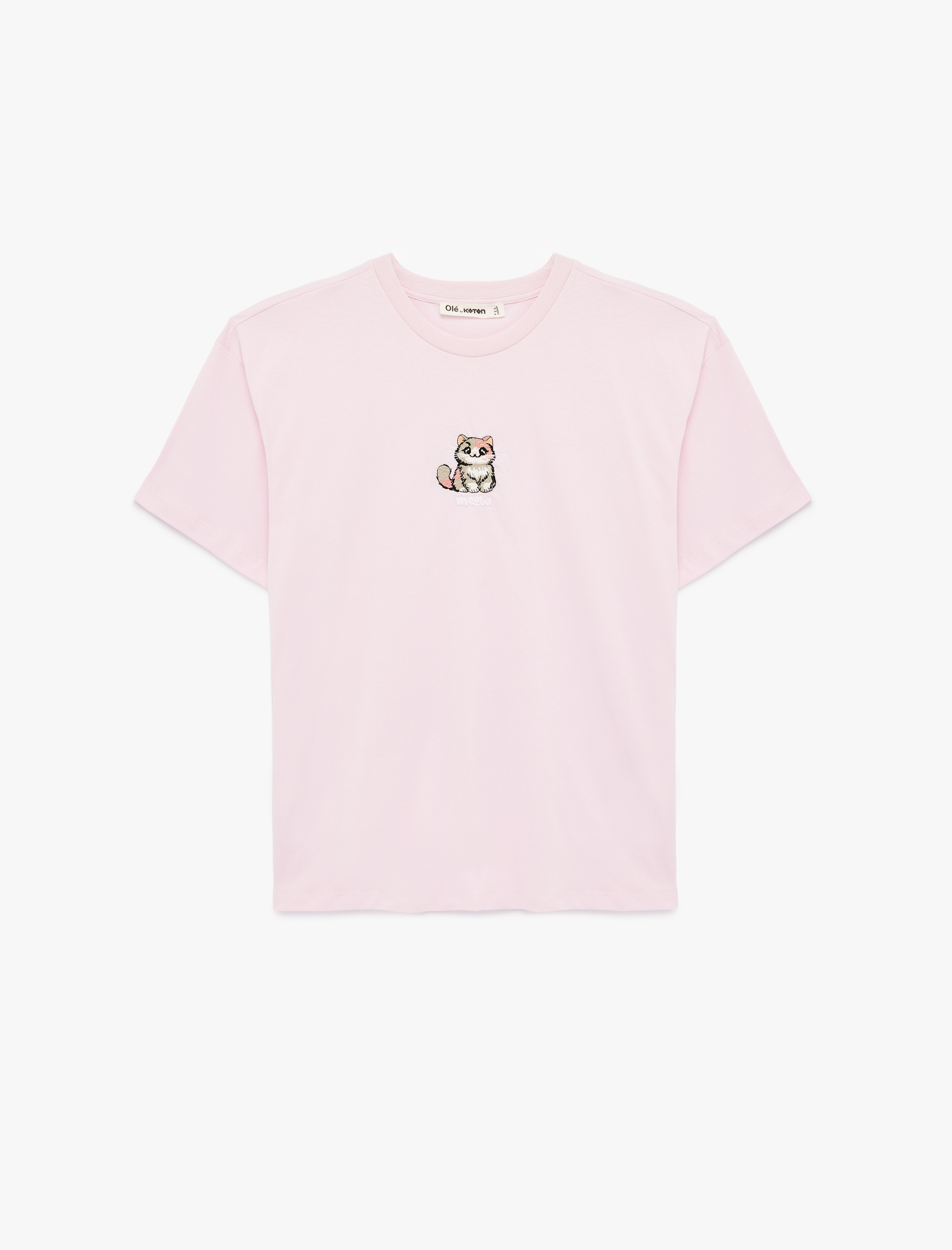   Bisiklet Yaka Kısa Kollu Kedi Nakış Detaylı Oversize Tişört