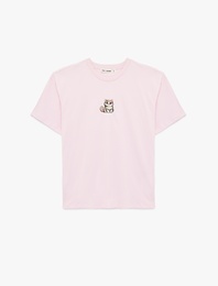 Bisiklet Yaka Kısa Kollu Kedi Nakış Detaylı Oversize Tişört