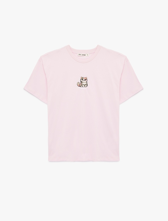  Bisiklet Yaka Kısa Kollu Kedi Nakış Detaylı Oversize Tişört