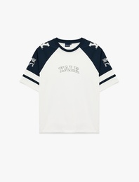 Rahat Kalıp Renk Bloklu Bisiklet Yaka Pamuklu Kısa Kollu Baskılı Yale Lisanslı Tişört