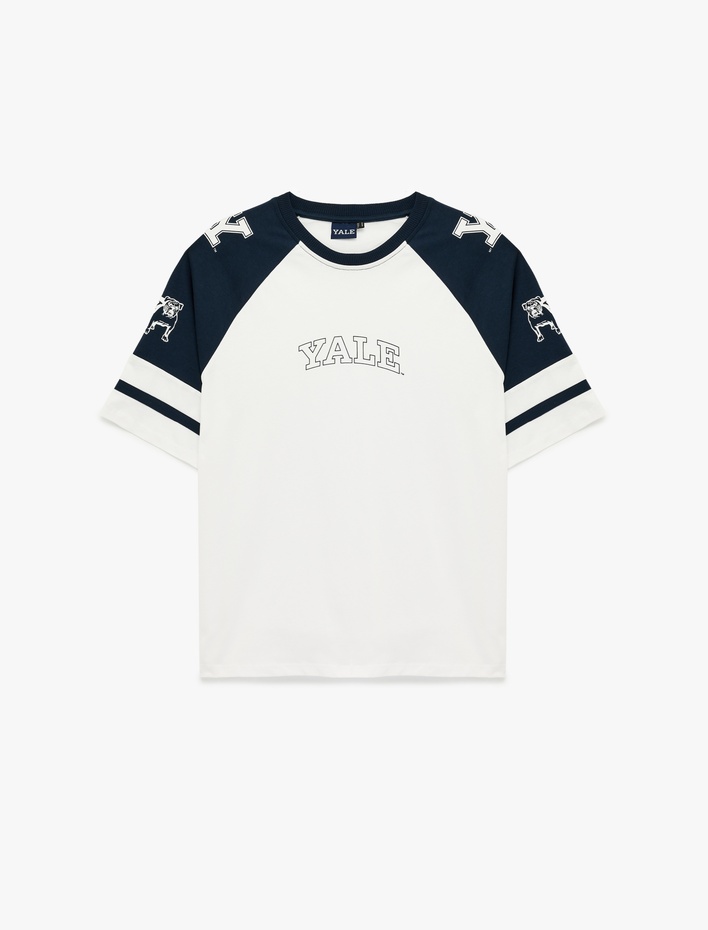  Rahat Kalıp Renk Bloklu Bisiklet Yaka Pamuklu Kısa Kollu Baskılı Yale Lisanslı Tişört