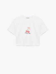 Rahat Kalıp Kısa Kollu Kiraz Baskılı Pamuklu Crop Tişört