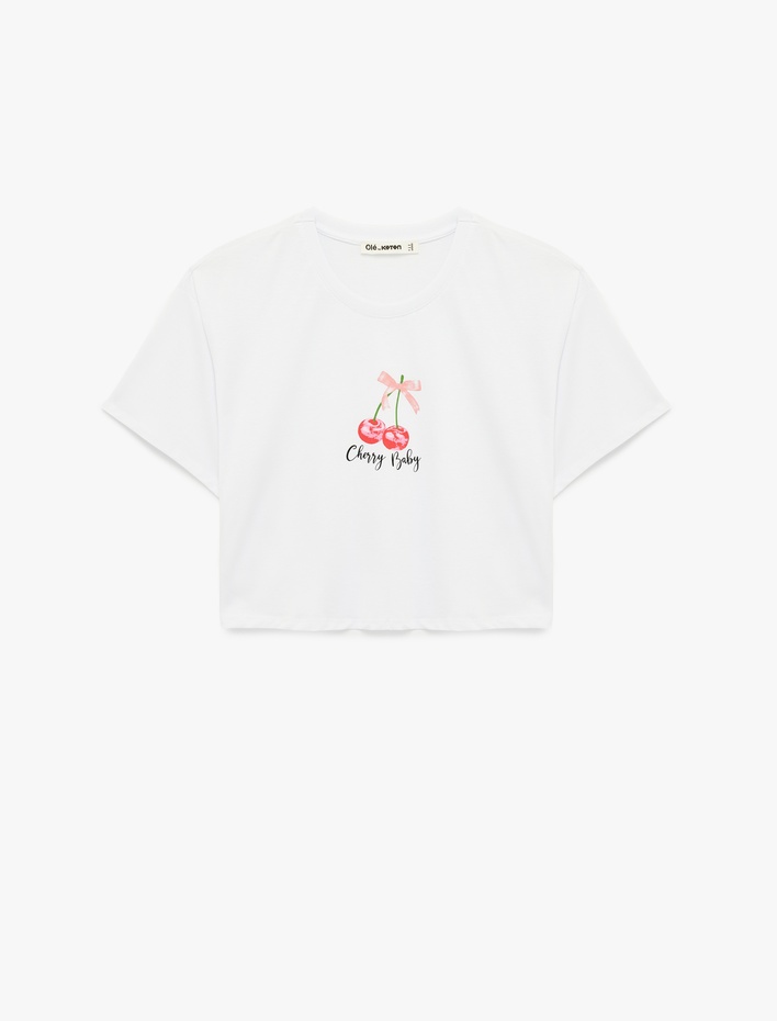  Rahat Kalıp Kısa Kollu Kiraz Baskılı Pamuklu Crop Tişört