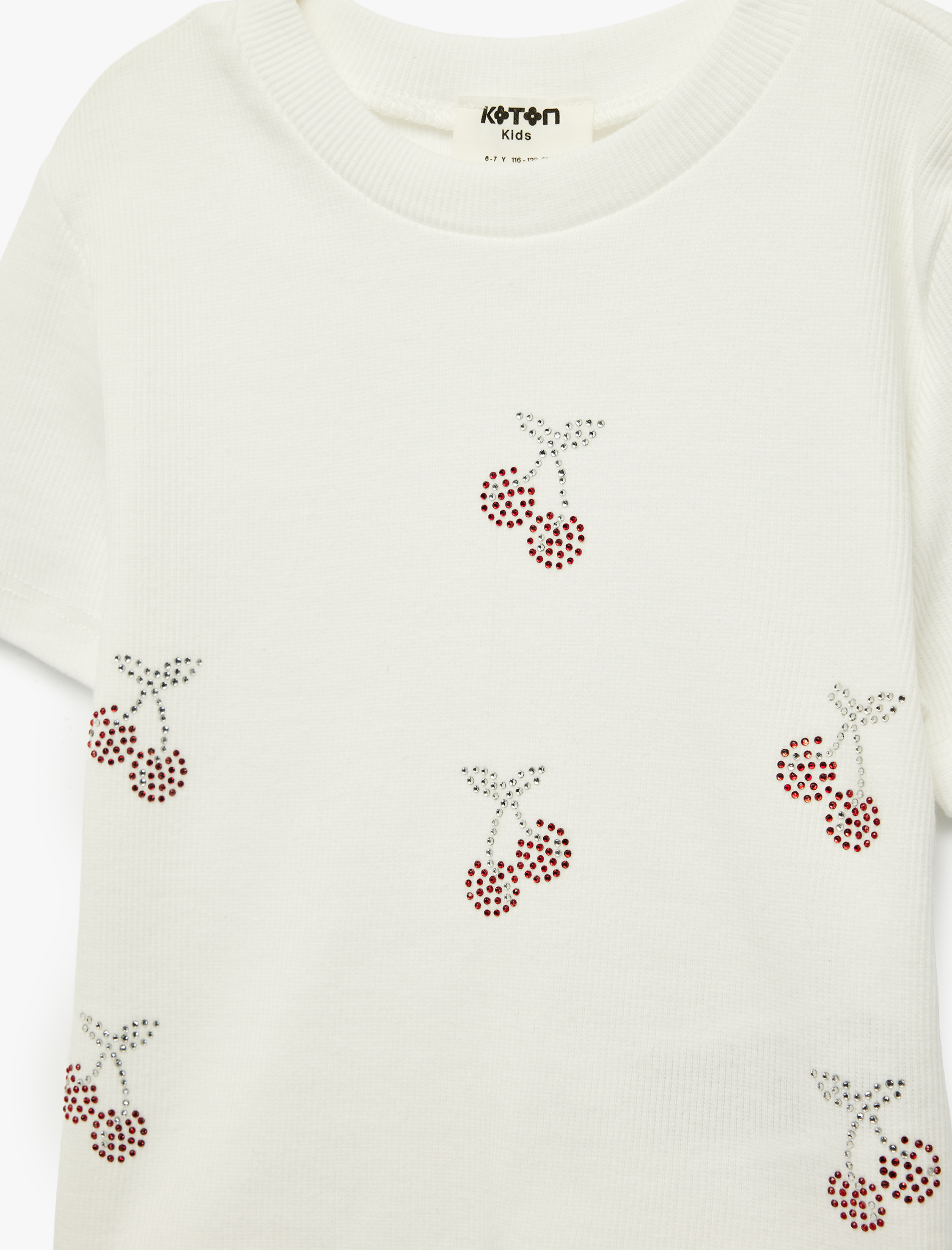  Kız Çocuk Kısa Kollu Bisiklet Yaka Kiraz Baskılı Taş Detaylı Pamuklu Tişört