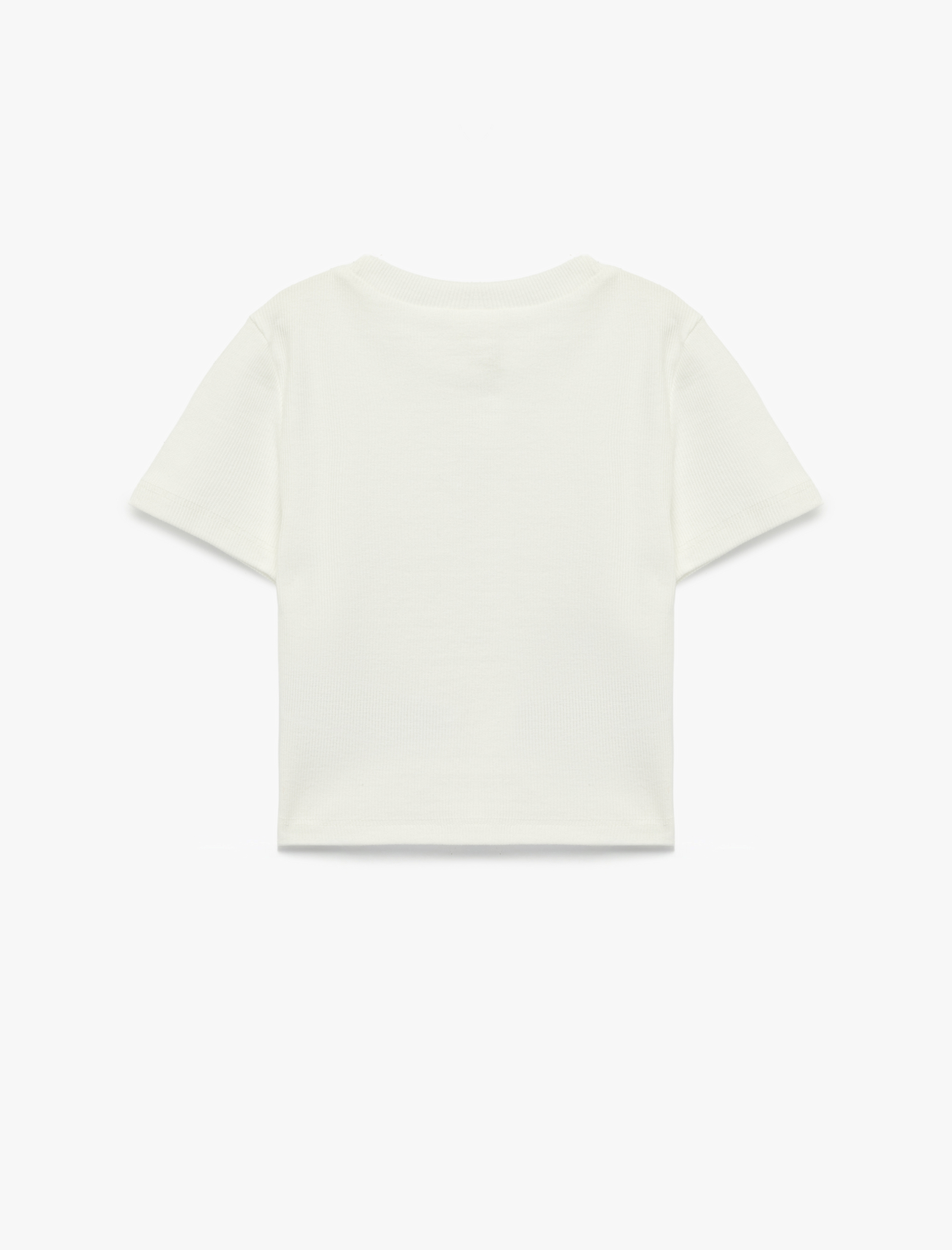  Kız Çocuk Kısa Kollu Bisiklet Yaka Kiraz Baskılı Taş Detaylı Pamuklu Tişört