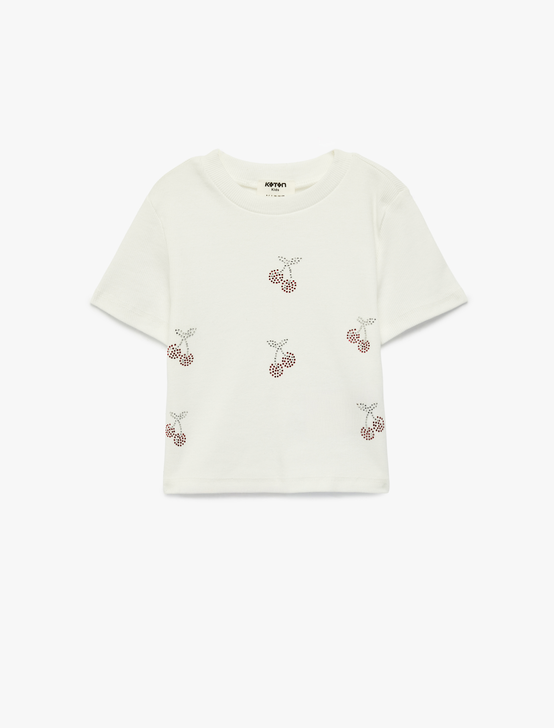  Kız Çocuk Kısa Kollu Bisiklet Yaka Kiraz Baskılı Taş Detaylı Pamuklu Tişört