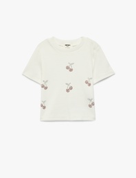 Kısa Kollu Bisiklet Yaka Kiraz Baskılı Taş Detaylı Pamuklu Tişört